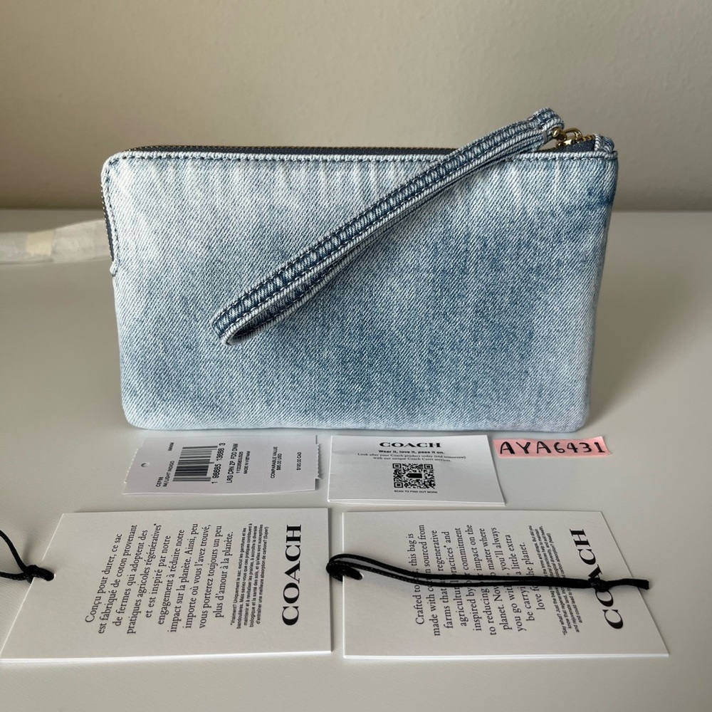 Coach Light Denim Wristlet Clutch with Gold Logo - Picture 3 of 8